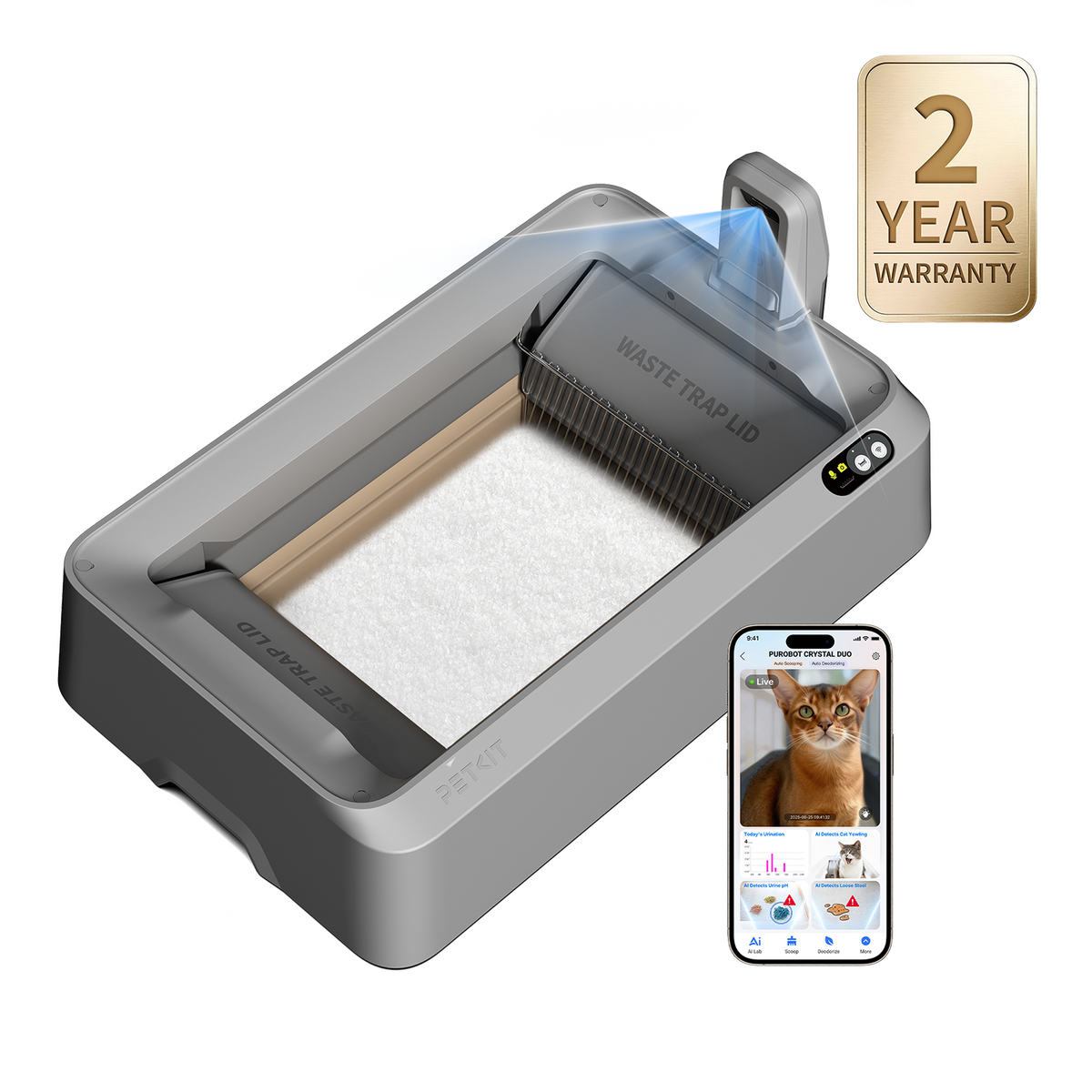 Purobot Crystal Duo Automatic Cat Litter Box with Camera (Gray)